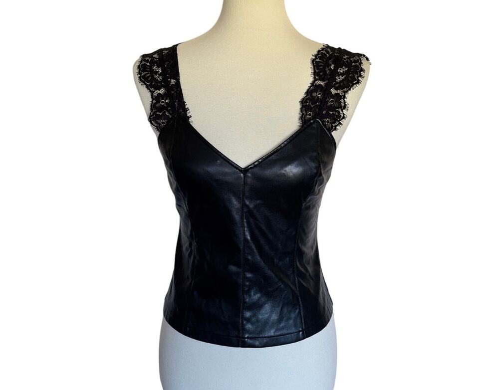 CAMI NYC Faux Leather Lace Strap Top - Black - Size Small